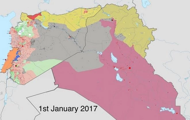 H Ρωσική επέμβαση εξαΰλωσε τους τζιχαντιστές – ISIS: Με γκρι χρώμα τα εδάφη που κατείχε 1/1/2017 – Τι κατέχει ένα χρόνο μετά